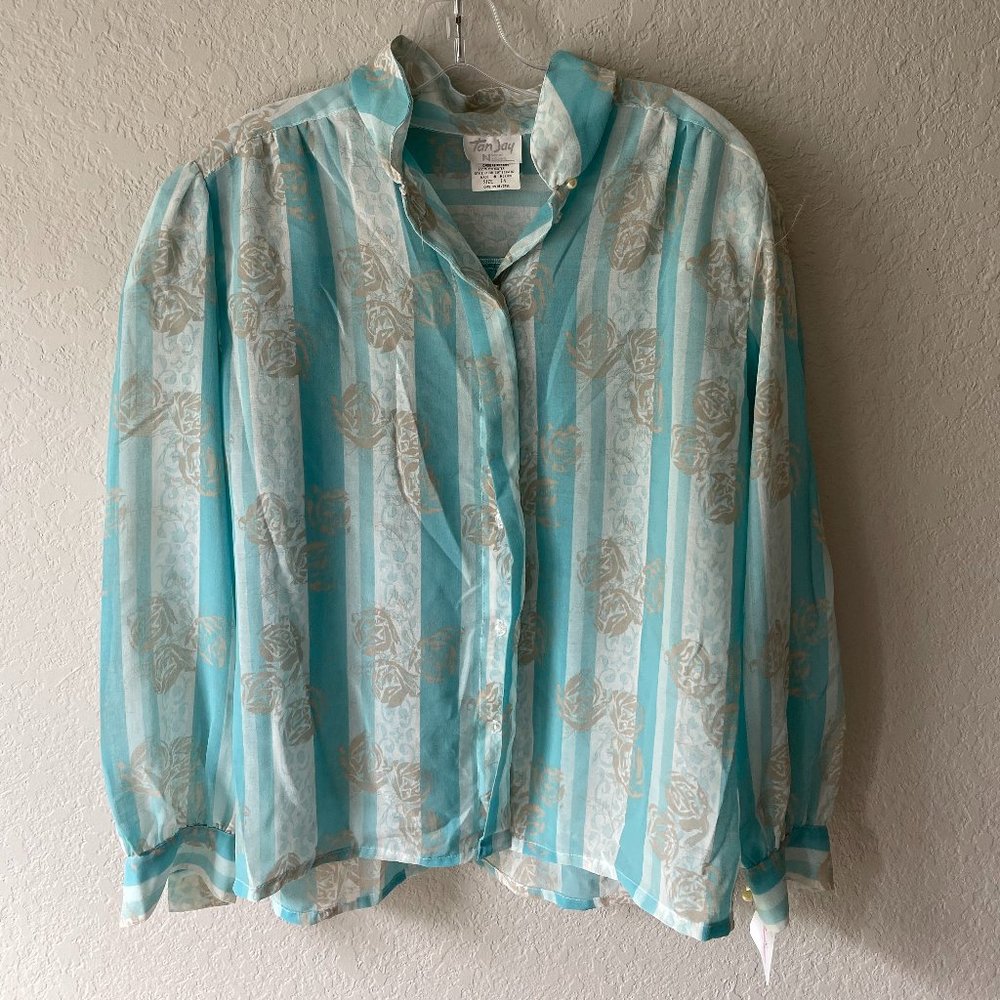 1970s Aqua Stripe Sheer Career Blouse